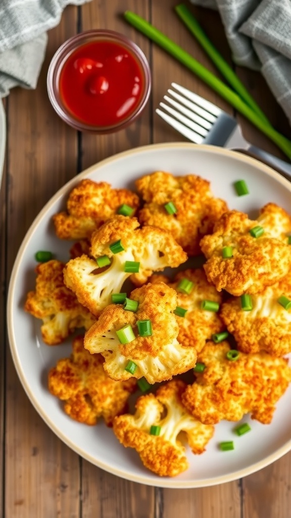 Crispy cauliflower hash browns on a plate, garnished with green onions, served with ketchup.